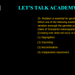 23. Mutation is essential for genetic variation. Which one of the following events can lead to variation amongst the gametes produced by males of Drosophila melanogaster? [Crossing over does not occur in D. melanogaster males] (1) Segregation (2) Imprinting (3) Recombination (4) Independent Assortment.
