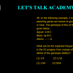 28. In the following example, 3 independently assorting genes are known to govern coat color in mice. The genotype of few of the coat colors is given below: Agouti: A-B-C- Black: aa B-C- Albino: -- -- cc What will be the expected frequency of abino, in the F2 progeny from crosses of pure black with albino of the genotype AAbbcc? (1) 1/4 (2) 1/16 (3) 1/64 (4) 9/64