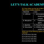 28. Given below are the list of plant derived alkaloids and their uses in modern medicine. Alkaloids Uses A. Caffeine i. Antineoplastic used to treat leukemia and other cancers B. Morphine ii. Traditional anti- malaria agent C. Quinine iii. Powerful Narcotic analgesic D. Vincristine iv. Widely used central nervous syntem stimulant Which one of the following options represents all correct matches ? (1) A (iii) B (iv) C(ii) D(i) (2) A (iii) B (iv) C(i) D(ii) (3) A (iv) B (i) C(iii) D(ii) (4) A (iv) B (iii) C(ii) D(i)