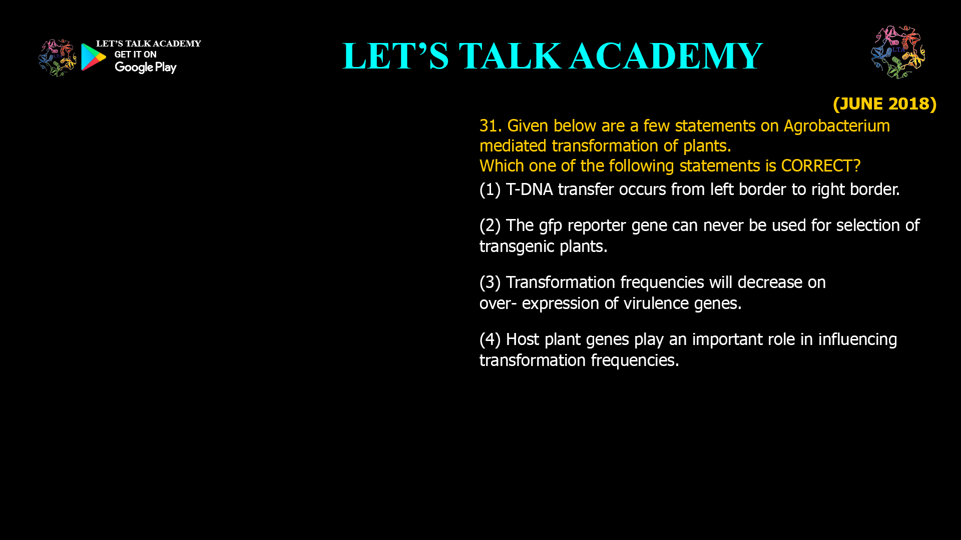 31. Given below are a few statements on Agrobacterium mediated transformation of plants. Which one of the following statements is CORRECT? (1) T-DNA transfer occurs from left border to right border. (2) The gfp reporter gene can never be used for selection of transgenic plants. (3) Transformation frequencies will decrease on over- expression of virulence genes. (4) Host plant genes play an important role in influencing transformation frequencies.