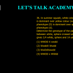 36. In summer squash, white colour fruit (W) is dominant over yellow colour (w) and disc-shaped phenotype (D) is dominant over sphere-shaped phenotype (d). Determine the genotype of the parents if the cross between white, sphere crossed with white, sphere gives 1/4 white, sphere and 14 yellow, Sphere. (1) WWDD X wwdd (2) Wwdd X Wwdd (3) WwDd X wwdd (4) WWDD x WWdd