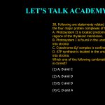 38. Following are statements related to the organization of the four major protein complexes of thylakoid membrane, A. Photosystem II is located predominantly in the stacked regions of the thylakoid membrane. B. Photosystem I is found in the unstacked regions protruding into stroma C. Cytochrome B6f complex is confined to stroma only. D. ATP synthase is located in the unstacked regions protruding into stroma. Which one of the following combinations of above statements is correct? (1) A, B and C (2) A, B and D (3) B, C and D (4) C, D and A