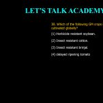 38. Which of the following GM crops is the most widely cultivated globally? (1) Herbicide resistant soybean. (2) Insect resistant cotton. (3) Insect resistant brinjal. (4) delayed ripening tomato