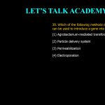 39. Which of the following methods of plant transformation can be used to introduce a gene into chloroplast genome? (1) Agrobacterium-mediated transformation (2) Particle delivery system (3) Permeabilization (4) Electroporation
