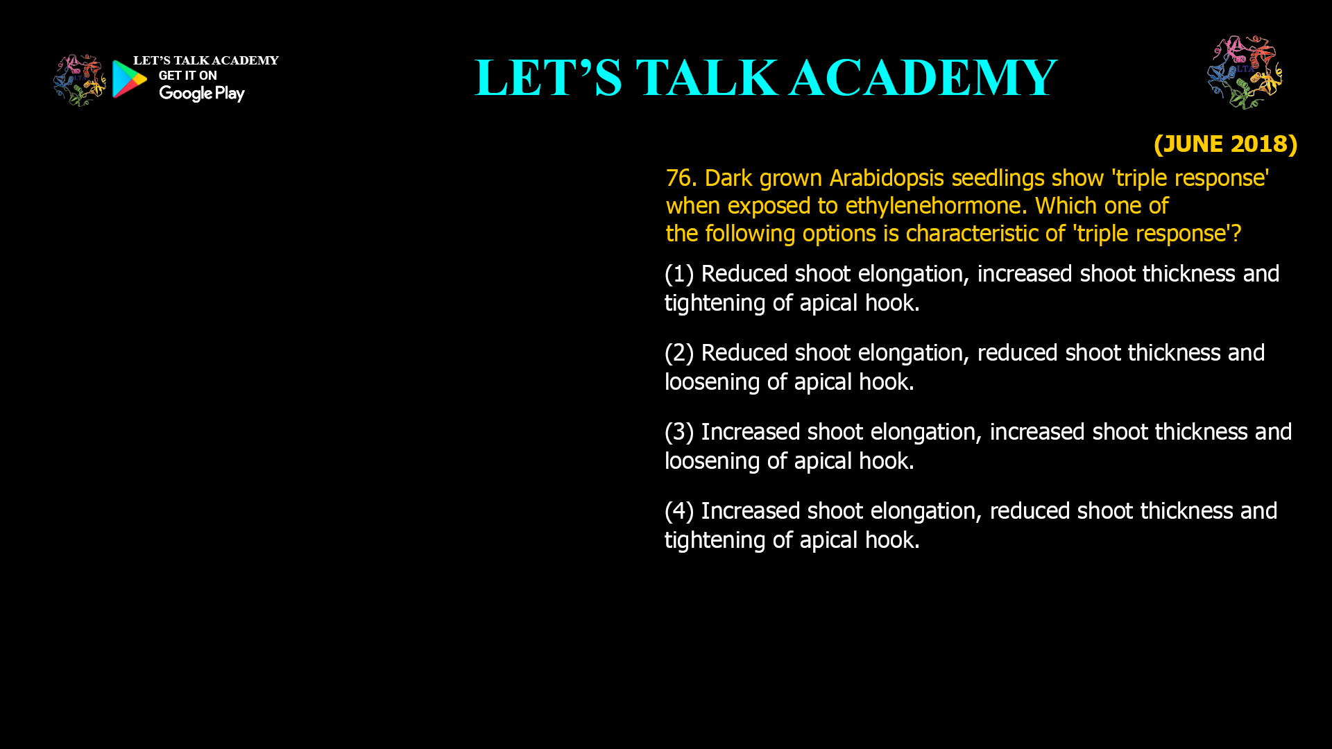 76. Dark grown Arabidopsis seedlings show 'triple response' when exposed to ethylenehormone. Which one of the following options is characteristic of 'triple response'? (1) Reduced shoot elongation, increased shoot thickness and tightening of apical hook. (2) Reduced shoot elongation, reduced shoot thickness and loosening of apical hook. (3) Increased shoot elongation, increased shoot thickness and loosening of apical hook. (4) Increased shoot elongation, reduced shoot thickness and tightening of apical hook.