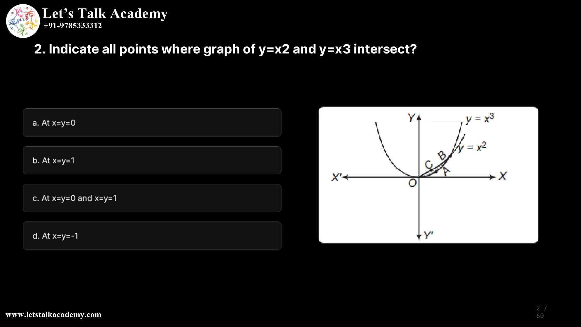 2. Indicate all points where graph of y=x2 and y=x3 intersect? a. At x=y=0 b. At x=y=1 c. At x=y=0 and x=y=1 d. At x=y=-1