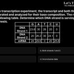 15. In an in vitro transcription experiment, the transcript and both the strands of DNA were separated and analyzed for their base composition. The result obtained is shown in the following table. Determine which DNA strand is serving as the template for mRNA synthesis. a. Strand 1 b. Both strands 1 and 2. c. Strand 2. d. Inconclusive data