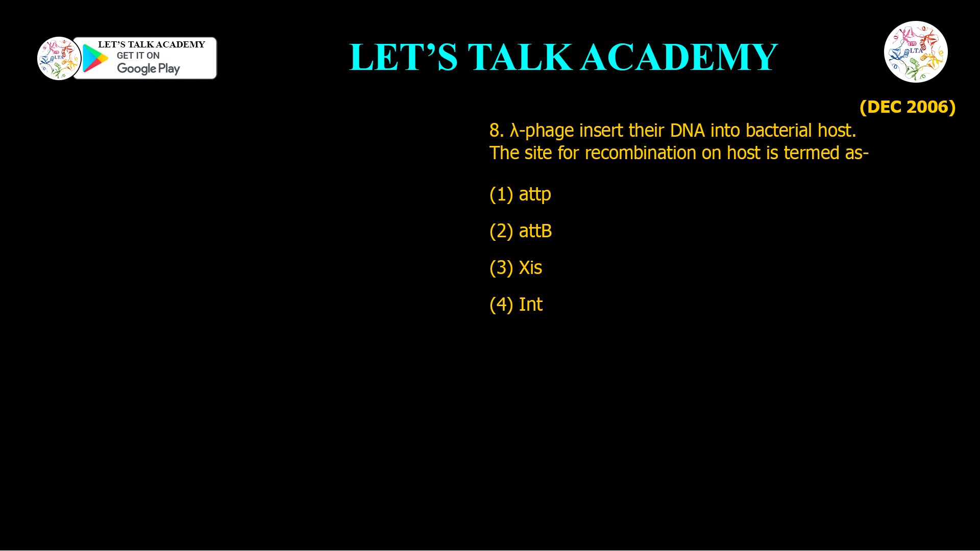 8. λ-phage insert their DNA into bacterial host. The site for recombination on host is termed as- (1) attp (2) attB (3) Xis (4) Int