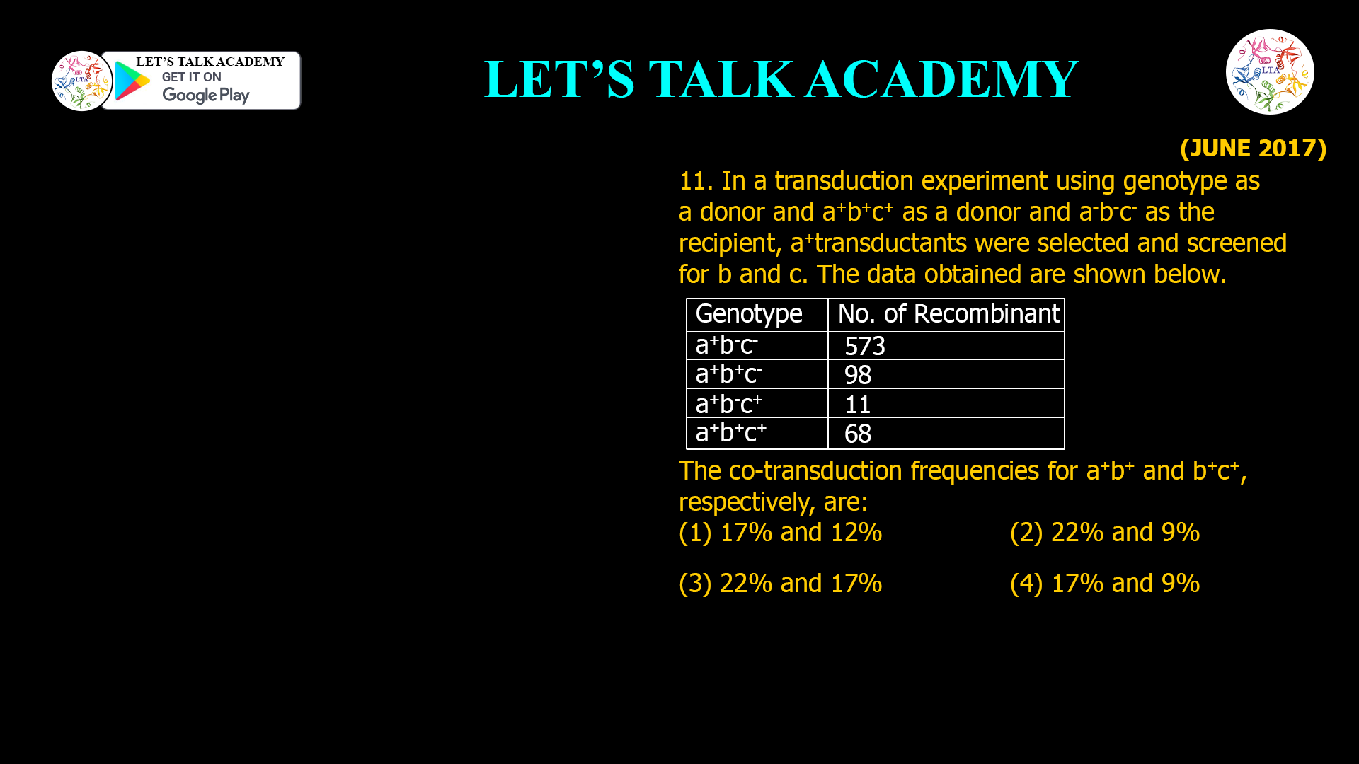 11. In a transduction experiment using genotype as a donor and a+b+c+ as a donor and a-b-c- as the recipient, a+ transductants were selected and screened for b and c. The data obtained are shown below. Genotype No. of Recombinant a+b-c- 573 a+b+c- 98 a+b-c+ 11 a+b+c+ 68 The co-transduction frequencies for a+b+ and b+c+, respectively, are: (1) 17% and 12% (2) 22% and 9% (3) 22% and 17% (4) 17% and 9%