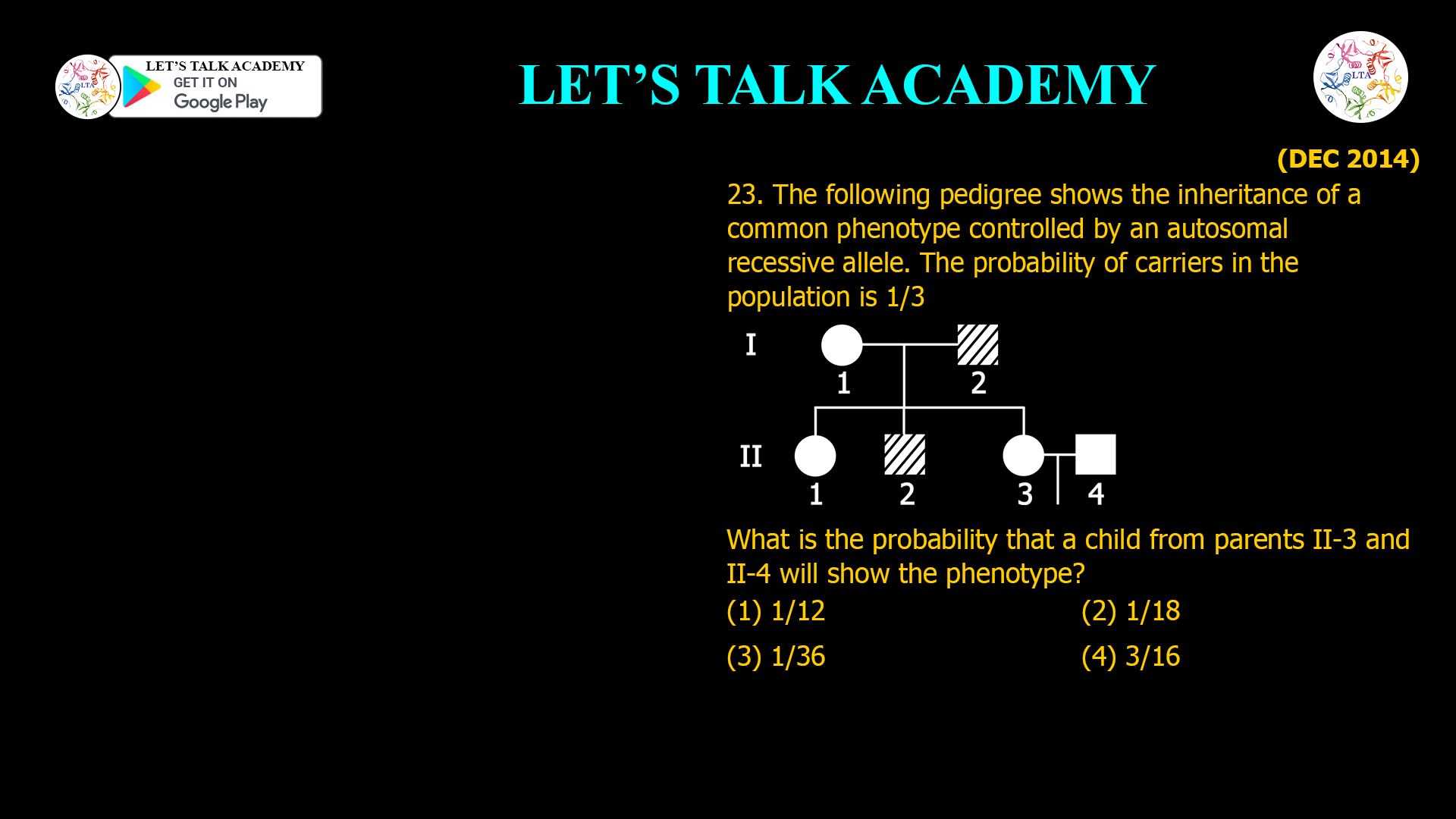 23. The following pedigree shows the inheritance of a common phenotype controlled by an autosomal recessive allele. The probability of carriers in the population is 1/3 What is the probability that a child from parents II-3 and II-4 will show the phenotype? (1) 1/12 (2) 1/18 (3) 1/36 (4) 3/16