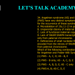 34. Angelman syndrome (AS) and Prader-Willi Syndrome (PWS) have very distinct symptoms. Factors responsible for the occurrence of these syndromes are given below: A. Microdeletion of 15q 11-13 in paternal chromosome. B. Uniparental disomy of maternal chromosome 15. C. Lack of functional maternal copy of ubiquitin ligase E3A. D. Lack of SNURF.SNRPN transcript, which is produced only from paternal chromosome. E. Deficiencies of small nucleolar RNAs, which are encoded from the introns of SNURF-SNRPN transcript from paternal chromosome. Which of the following combination of answers is correct for Angelman and Prader-Willi Syndromes (1) PWS - A, C, D; AS - B, E (2) PWS - B only; AS - A, C, D, E (3) PWS - A, B, D, E; AS - C only (4) PWS-A, B; AS-C, D, E
