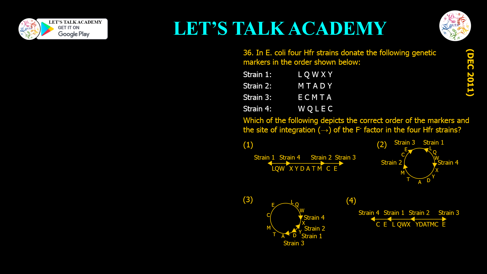36. In E. coli four Hfr strains donate the following genet, t markers in the order shown below: Strain 1: L Q W X Y Strain 2: M T A D Y Strain 3: E C M T A Strain 4: W Q L E C Which of the following depicts the correct order of the markers and the site of integration () of the F- factor in the four Hfr strains?