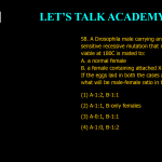 58. A Drosophila male carrying an X-linked temperature sensitive recessive mutation that is lethal at 290C but viable at 180C is mated to: A. a normal female B. a female containing attached X-chromosome If the eggs laid in both the cases are reared at 290C, what will be male-female ratio in the given progeny? (1) A-1:2, B-1:1 (2) A-1:1, B-only females (3) A-0:1, B-1:1 (4) A-1:0, B-1:2