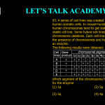 93. A series of ceil lines was created by fusing mouse and human somatic cells. In mouse-human somatic cell hybrids, human chromosomes tend to get lost before becoming a stable cell line. Some hybrid cell lines may carry human chromosome deletions. Each cell line was examined for the presence of chromosomes and for the production of an enzyme. The following results were obtained: Cell line Gene product Chromosomal segments 1p 1q 2p 2q 3p 3q 4p 4q 5p 5q A + + + - - + + - - + + B + - - + + - - + + + + C - + + - - + + - + - + D + - - + + + + - - + - E - + + + + - + - - - - Which segment of the chromosome has the gene encoding for the enzyme (1) 1p (2) 5p (3) 5q (4) 4p