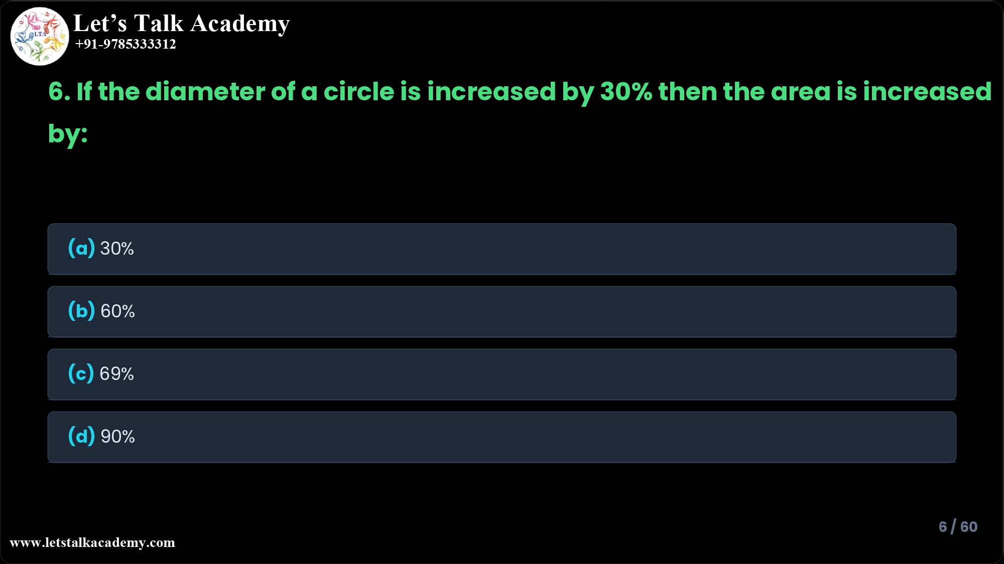 6. If the diameter of a circle is increased by 30% then the area is increased by: (a) 30% (b) 60% (c) 69% (d) 90%