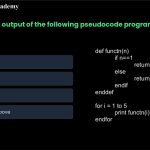 9.What is the output of the following pseudocode program, which first defines a function functn and then calls it from a for-loop? def functn(n) if n==1 return 1 else return n*functn(n-1) endif enddef for i = 1 to 5 print functn(i) endfor (a) 1 2 3 4 5 (b) 1 1 2 3 5 (c) 1 2 6 24 120 (d) None of the above
