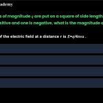 16. Four charges of magnitude 𝑞 are put on a square of side length 𝑎. If three of the charges are positive and one is negative, what is the magnitude of the electric field at the centre? The magnitude of the electric field at a distance r is 𝐸=𝑞/4𝜋𝜖𝑎 . a. 2𝑞/𝜋𝜖𝑎 b. 𝒒/𝝅𝝐𝟎𝒂𝟐 c. 𝑞/2𝜋𝜖𝑎 d. 0