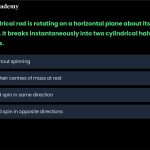 22. A thin cylindrical rod is rotating on a horizontal plane about its center of mass, which is at rest. It breaks instantaneously into two cylindrical halves. The two resulting pieces a. b. c. d. Move apart without spinning. Spin but have their centres of mass at rest. Move apart and spin in the same direction as the original rod. Move apart and spin in opposite directions.