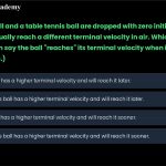 28. A cricket ball and a table tennis ball are dropped with zero initial vertical velocity. Each will eventually reach a different terminal velocity in air. Which of the following is true? (We can say the ball "reaches" its terminal velocity when it hits 99% of the expected value.) a. The cricket ball has a higher terminal velocity and will reach it later. b. The table tennis ball has a higher terminal velocity and will reach it later. c. The cricket ball has a higher terminal velocity and will reach it sooner. d. The table tennis ball has a higher terminal velocity and will reach it sooner.