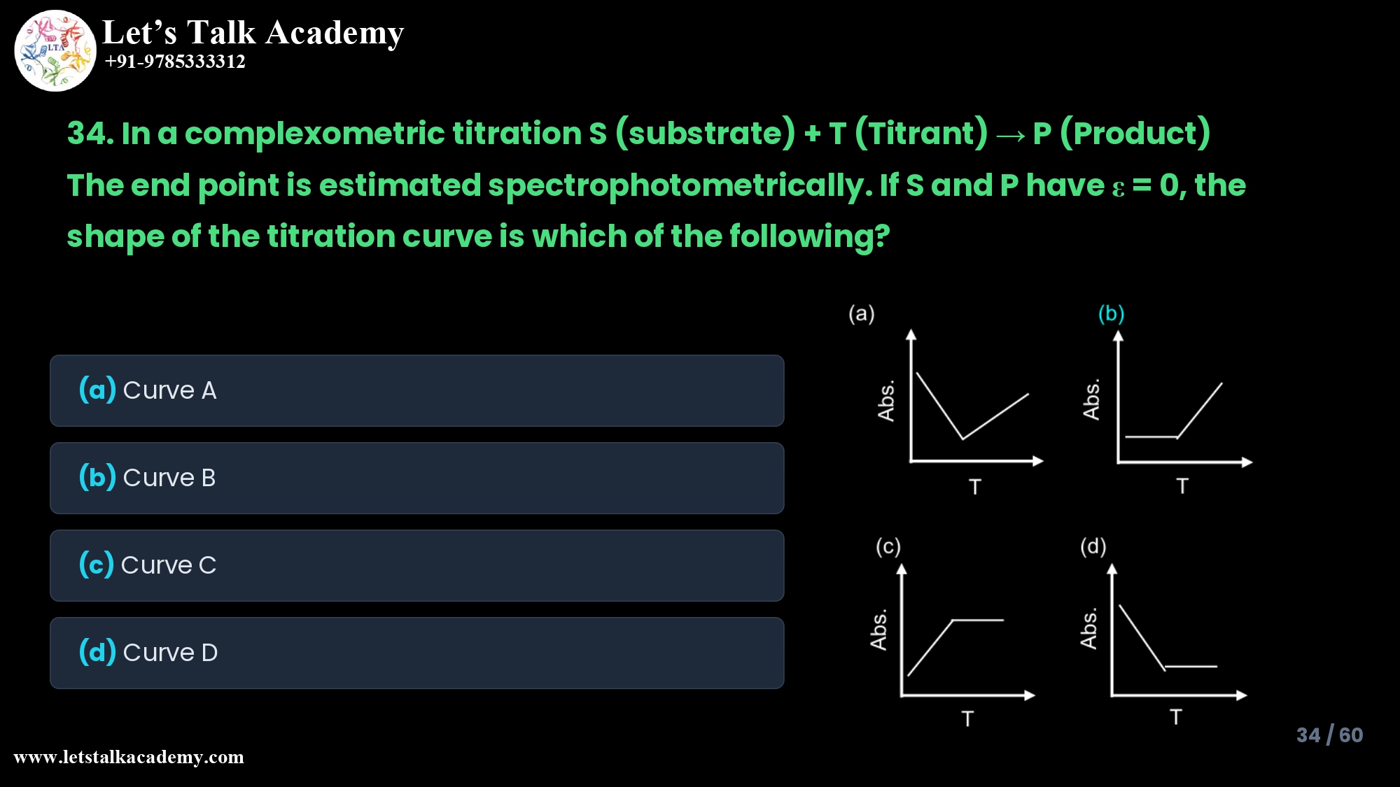 34. In a complexometric titration S (substrate) + T (Titrant) → P (Product) The end point is estimated spectrophotometrically. If S and P have ε = 0, the shape of the titration curve is which of the following?