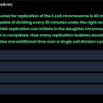 46. The time required for replication of the E.coli chromosome is 40 minutes but the bacterium is capable of dividing every 20 minutes under the right nutritional conditions. This is because DNA replication can initiate in the daughter chromosomes before the initial replication is completed. How many replication bubbles would be observed if DNA replication initiates one additional time over a single cell division cycle? a. 2 b. 4 c. 3 d. 5