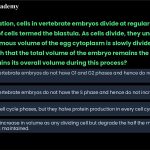 51. After fertilization, cells in vertebrate embryos divide at regular intervals giving rise to a mass of cells termed the blastula. As cells divide, they undergo cleavage, where the enormous volume of the egg cytoplasm is slowly divided into numerous small cells, such that the total volume of the embryo remains the same. How embryo maintains its overall volume during this process? a) Cells in early vertebrate embryos do not have G1 and G2 phases and hence do not increase in volume. b) Cells in early vertebrate embryos do not have the S phase and hence do not increase in volume. c) Cells have all cell cycle phases, but they halve protein production in every cell cycle. d) Cells normally increase in volume as any dividing cell but degrade the half the material to ensure embryo volume is maintained.