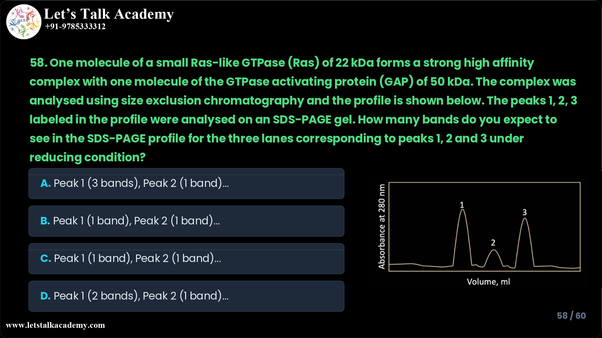 58. One molecule of a small Ras-like GTPase (Ras) of 22 kDa forms a strong high affinity complex with one molecule of the GTPase activating protein (GAP) of 50 kDa. The complex was analysed using size exclusion chromatography and the profile is shown below. The peaks 1, 2, 3 labeled in the profile were analysed on an SDS-PAGE gel. How many bands do you expect to see in the SDS-PAGE profile for the three lanes corresponding to peaks 1, 2 and 3 under reducing condition? A. Peak 1 – 3 bands at 72, 50 and 22 kDa; Peak 2 – 1 band at 50 kDa; Peak 3 – 1 band at 22 kDa B. Peak 1 – 1 band at 22 kDa; Peak 2 – 1 band at 50 kDa; Peak 3 – 3 bands at 72, 50 and 22 kDa C. Peak 1 – 1 band at 22 kDa; Peak 2 – 1 band at 50 kDa; Peak 3 – 2 bands at 50 and 22 kDa D. Peak 1 – 2 bands at 50 and 22 kDa; Peak 2 – 1 band at 50 kDa; Peak 3 – 1 band at 22 kDa