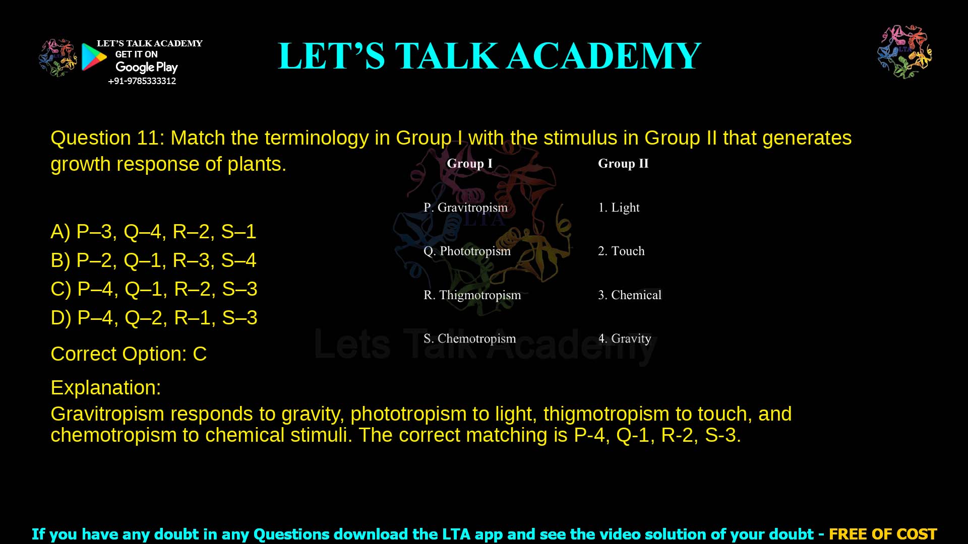 Q.11 Match the terminology in Group I with the stimulus in Group II that generates growth response of plants Group I                                         Group II P. Gravitropism                           1. Light Q. Phototropism                          2. Touch R. Thigmotropism                       3. Chemical S. Chemotropism                         4. Gravity (A) P – 3, Q – 4, R – 2, S – 1 (B) P – 2, Q – 1, R – 3, S – 4 (C) P – 4, Q – 1, R – 2, S – 3 (D) P – 4, Q – 2, R – 1, S – 3