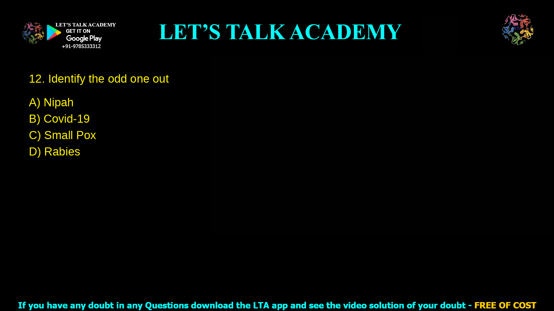 Identify the odd one out Nipah Covid-19 Small Pox Rabies