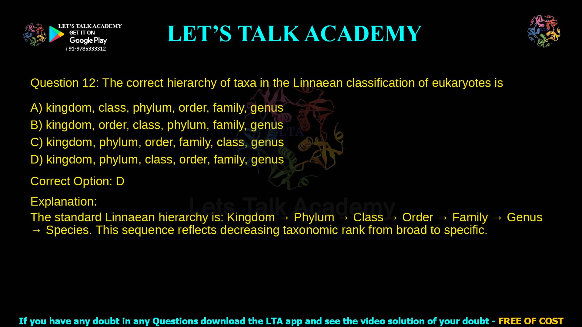 Q.12 The correct hierarchy of taxa in the Linnaean classification of eukaryotes is (A) kingdom, class, phylum, order, family, genus (B) kingdom, order, class, phylum, family, genus (C) kingdom, phylum, order, family, class, genus (D) kingdom, phylum, class, order, family, genus