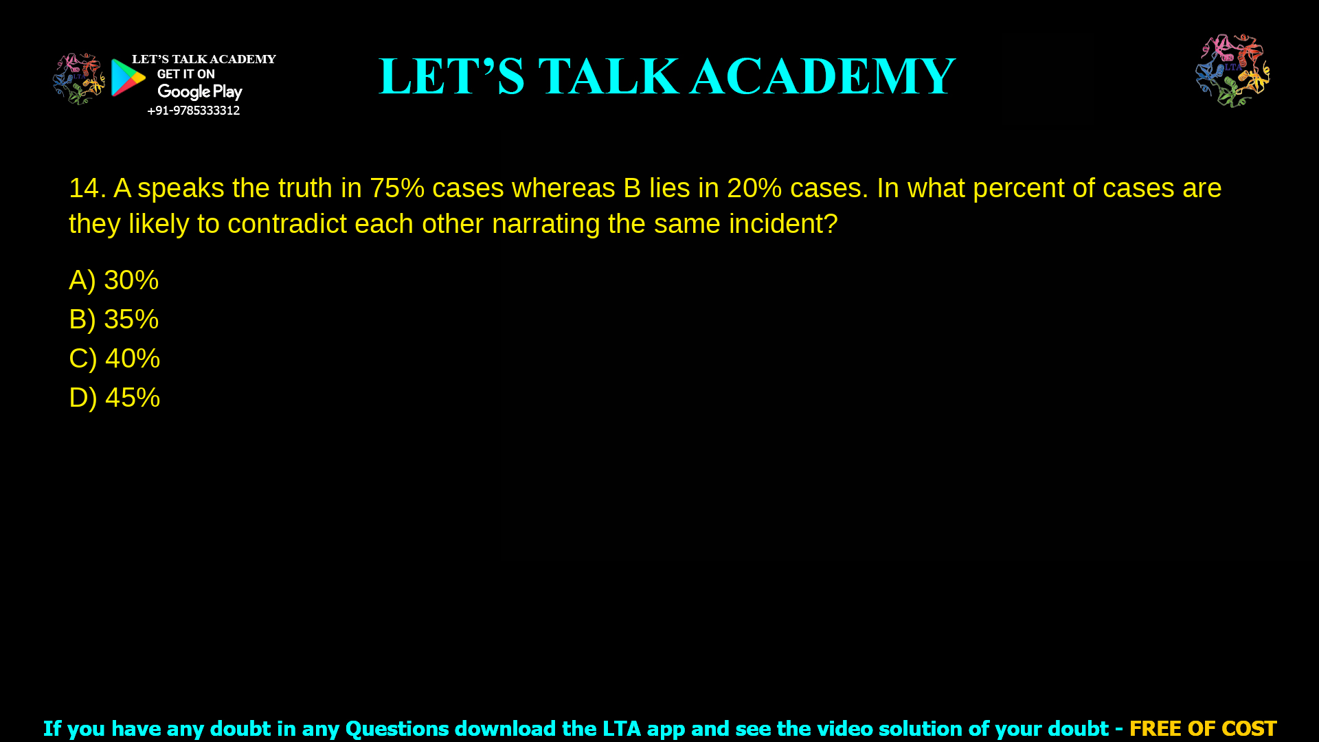 14. A speaks the truth in 75% cases whereas B lies in 20% cases. In what percent of cases are they likely to contradict each other narrating the same incident? a. 30% b. 35% c. 40% d. 45%