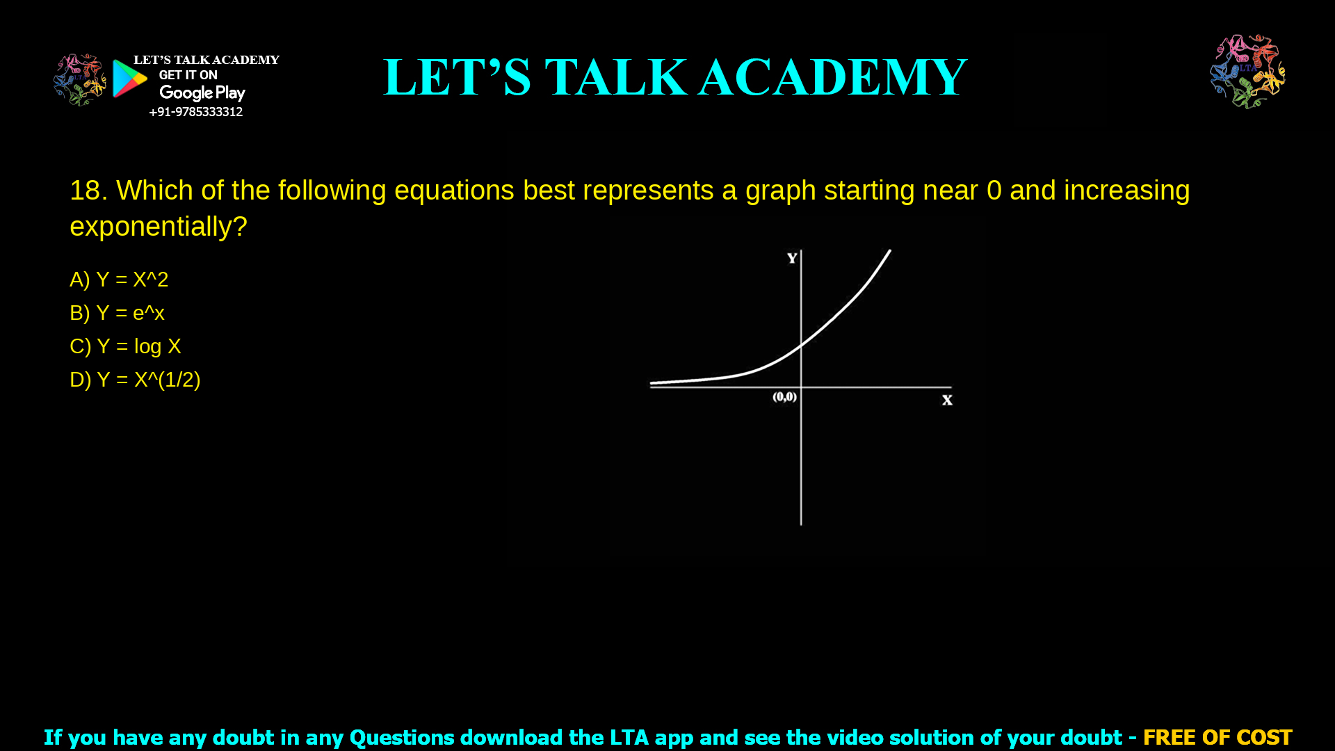 Which of the following equations best represents the graph shown below? Y = X2 Y = ex Y = logX Y = X1/2