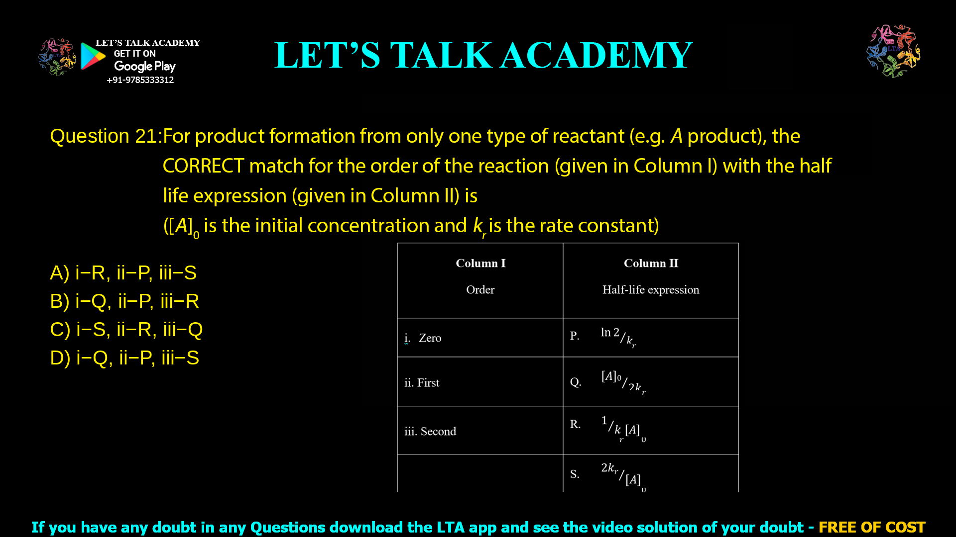 Q.21 For product formation from only one type of reactant (e.g. A → product), the CORRECT match for the order of the reaction (given in Column I) with the half-life expression (given in Column II) is ([A]0 is the initial concentration and kr is the rate constant) Column I Order Column II Half-life expression i. Zero P. ln 2 / kr ii. First Q. [A]0 / 2kr iii. Second R. 1 / (kr[A]0) S. 2kr / [A]0 (A) i–R, ii–P, iii–S (B) i–Q, ii–P, iii–R (C) i–S, ii–R, iii–Q (D) i−Q, ii−P, iii−S