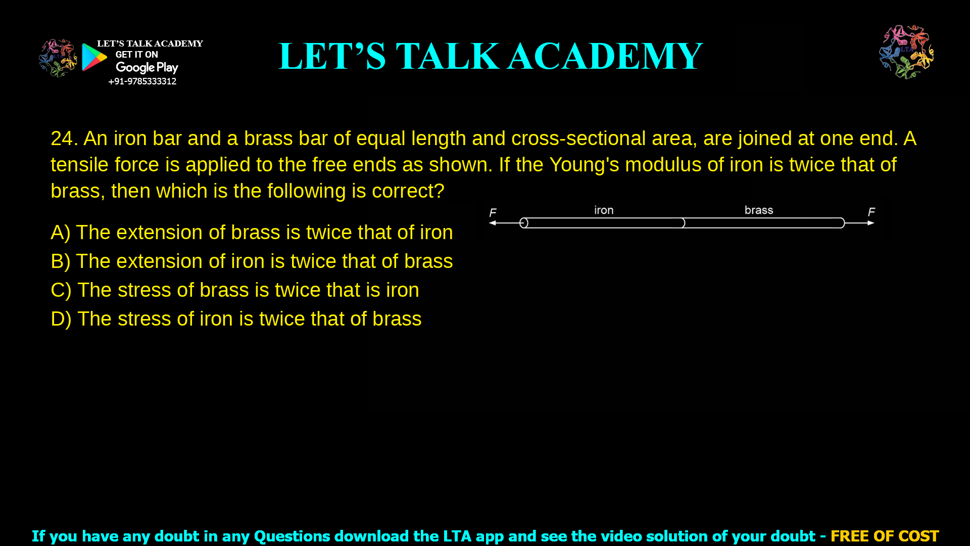 9. An iron bar and a brass bar of equal length and cross-sectional area, are joined at one end. A tensile force is applied to the free ends as shown. If the Young’s modulus of iron is twice that of brass, then which is the following is correct? a. The extension of brass is twice that of iron b. The extension of iron is twice that of brass c. The stress of brass is twice that is iron d. The stress of iron is twice that of brass