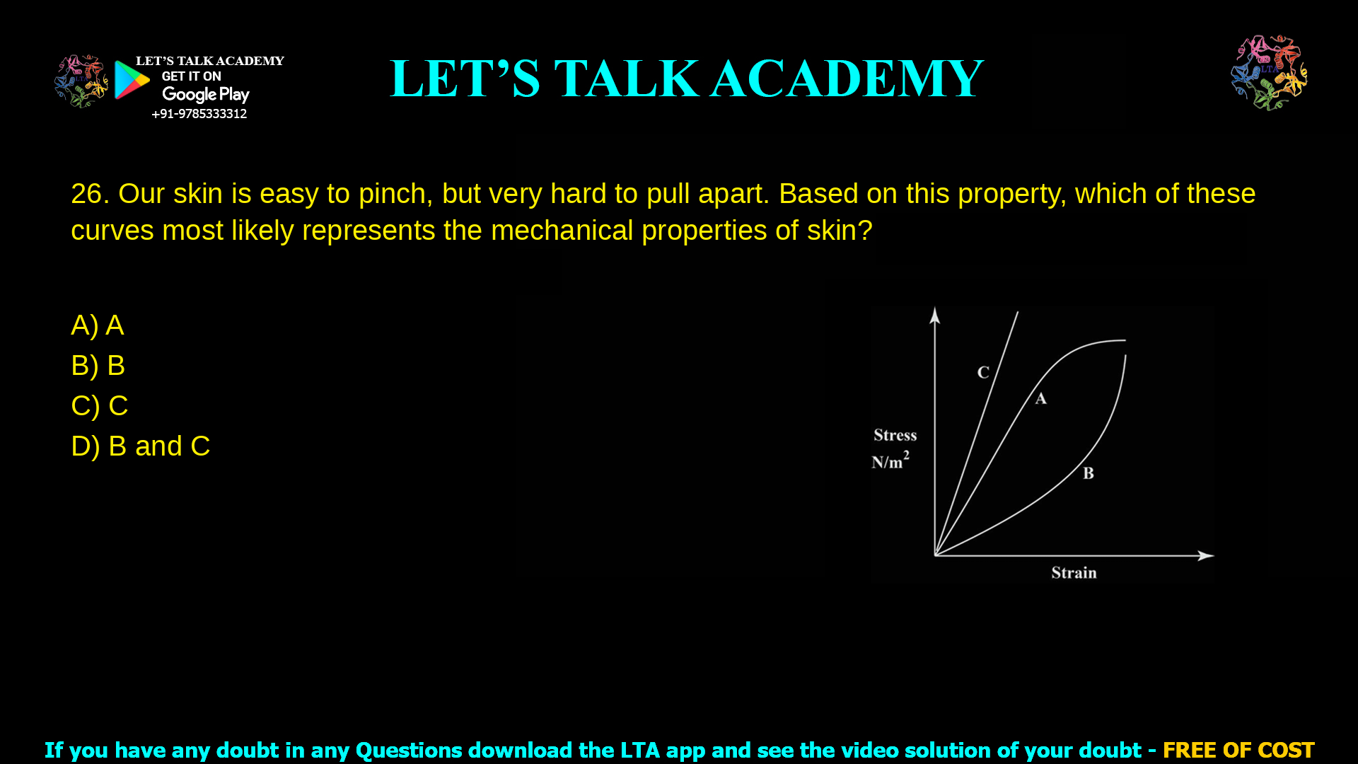 Our skin is easy to pinch, but very hard to pull apart. Based on this property, which of these curves most likely represents the mechanical properties of skin? A B C B and C