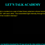 14. Unpolarized light is incident on a pair of ideal linear polarizers whose transmission axes make an angle of 45° with each other. The transmitted light intensity through both polarizers is what percentage of the incident intensity? a. 0% b. 75% c. 50% d. 25%