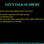 Identify the statement about haemoglobin that is not correct Oxygen binds the porphyrin ligands of the haem groups Oxygen binding is sensitive to pH Carbon Monoxide is toxic as it binds haemoglobin with a higher affinity than oxygen Oxygen binding to Haemoglobin is reversible.