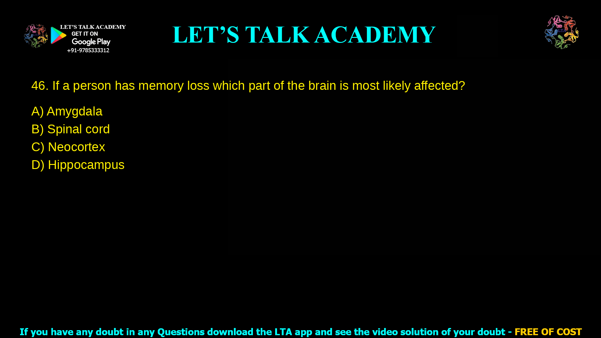 If a person has memory loss which part of the brain is most likely affected? Amygdala Spinal cord Neocortex Hippocampus