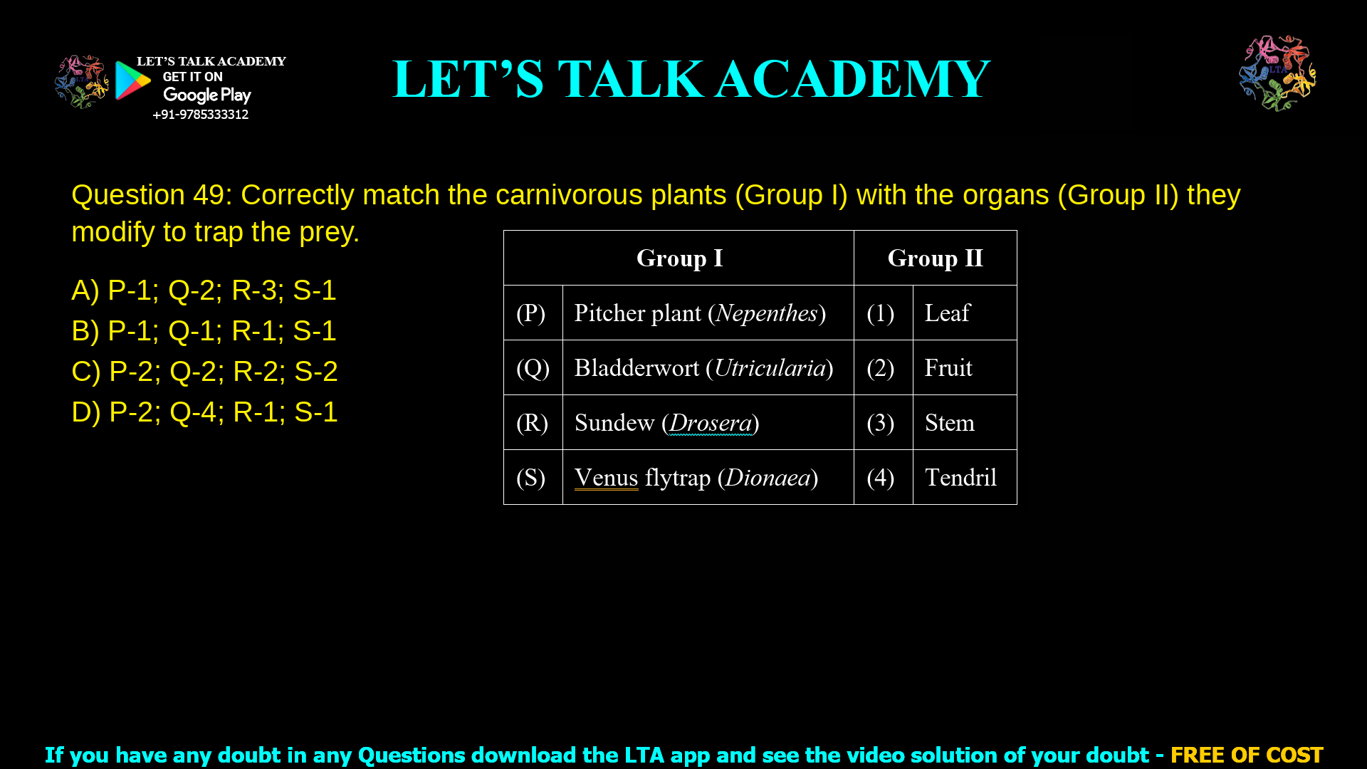 Q.49 Correctly match the carnivorous plants (Group I) with the organs (Group II) they modify to trap the prey. Group I Group II (P) Pitcher plant (Nepenthes) (1) Leaf (Q) Bladderwort (Utricularia) (2) Fruit (R) Sundew (Drosera) (3) Stem (S) Venus flytrap (Dionaea) (4) Tendril Options: (A) P-1; Q-2; R-3; S-1 (B) P-1; Q-1; R-1; S-1 (C) P-2; Q-2; R-2; S-2 (D) P-2; Q-4; R-1; S-1
