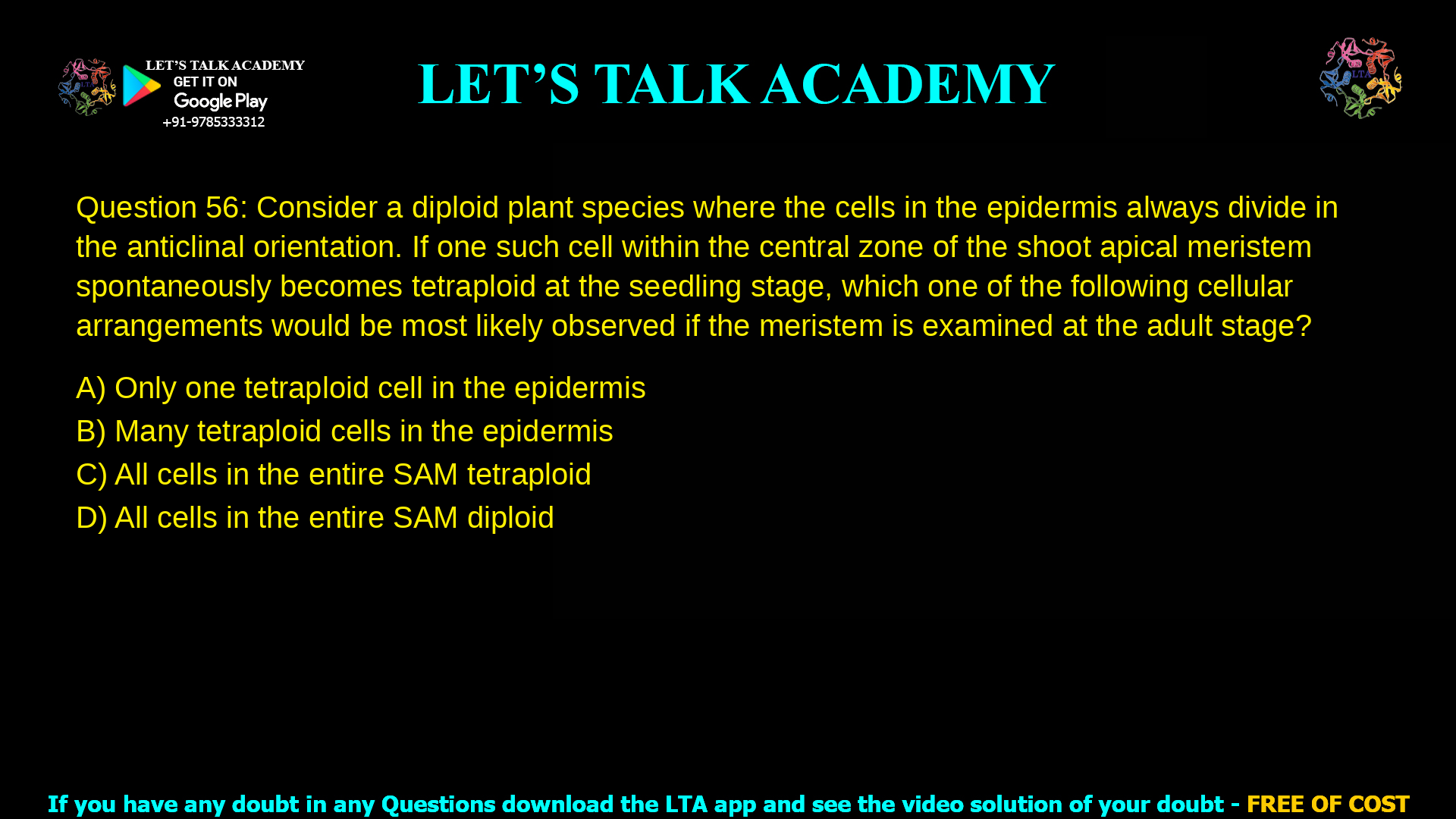 Q.56 Consider a diploid plant species where the cells in the epidermis (the outermost single cell layer) always divide in the anticlinal orientation. If one such cell within the central zone of the shoot apical meristem (SAM) spontaneously becomes tetraploid at the seedling stage, which one of the following cellular arrangements would be most likely observed if the meristem is examined at the adult stage? (A) Only one tetraploid cell in the epidermis (B) Many tetraploid cells in the epidermis (C) All cells in the entire SAM tetraploid (D) All cells in the entire SAM diploid