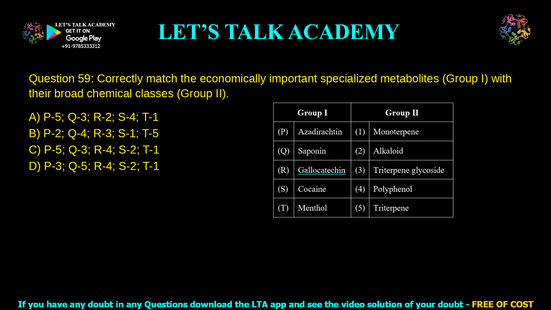 Q.59 Correctly match the economically important specialized metabolites (Group I) with their broad chemical classes (Group II). Group I                                  Group II (P) Azadirachtin                   (1) Monoterpene (Q) Saponin                           (2) Alkaloid (R) Gallocatechin                (3) Triterpene glycoside (S) Cocaine                           (4) Polyphenol (T) Menthol                          (5) Triterpene (A) P-5; Q-3; R-2; S-4; T-1 (B) P-2; Q-4; R-3; S-1; T-5 (C) P-5; Q-3; R-4; S-2; T-1 (D) P-3; Q-5; R-4; S-2; T-1