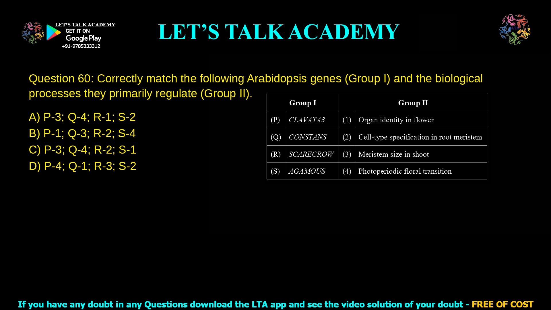 Q.60 Correctly match the following Arabidopsis genes (Group I) and the biological processes they primarily regulate (Group II). Group I Group II (P) CLAVATA3 (Q) CONSTANS (R) SCARECROW (S) AGAMOUS (1) Organ identity in flower (2) Cell-type specification in root meristem (3) Meristem size in shoot (4) Photoperiodic floral transition (A) P-3; Q-4; R-1; S-2 (B) P-1; Q-3; R-2; S-4 (C) P-3; Q-4; R-2; S-1 (D) P-4; Q-1; R-3; S-2