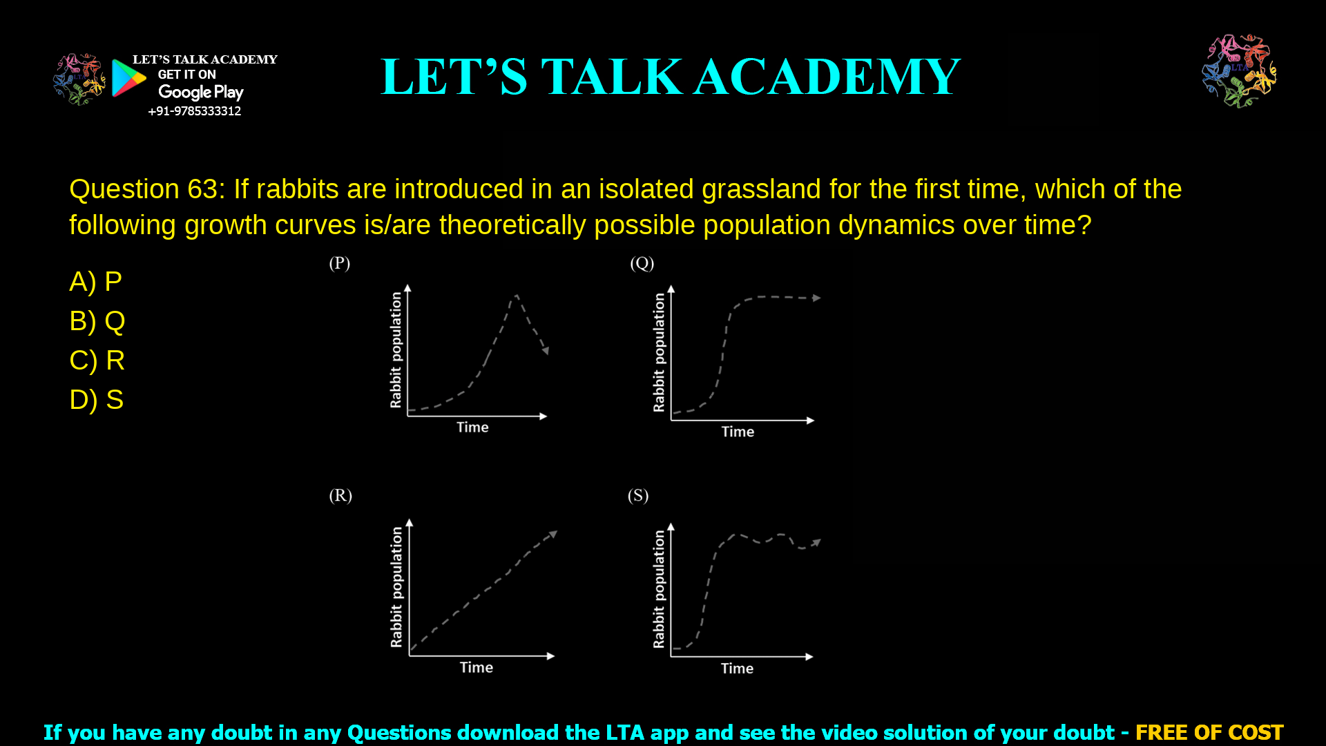Q.63 If rabbits are introduced in an isolated grassland for the first time, which of the following growth curves (shown using dashed line) is/are theoretically possible population dynamics over time? (A) P (B) Q (C) R (D) S