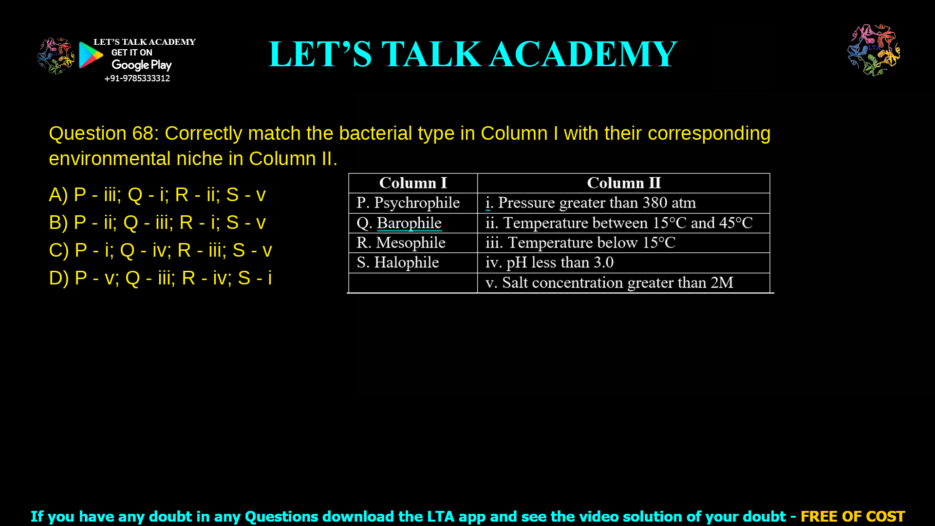 Q.68 Correctly match the bacterial type in Column I with their corresponding environmental niche in Column II. Column I Column II P. Psychrophile i. Pressure greater than 380 atm Q. Barophile ii. Temperature between 15°C and 45°C R. Mesophile iii. Temperature below 15°C S. Halophile iv. pH less than 3.0 v. Salt concentration greater than 2M (A) P - iii; Q - i; R - ii; S - v (B) P - ii; Q - iii; R - i; S - v (C) P - i; Q - iv; R - iii; S - v (D) P - v; Q - iii; R - iv; S - i