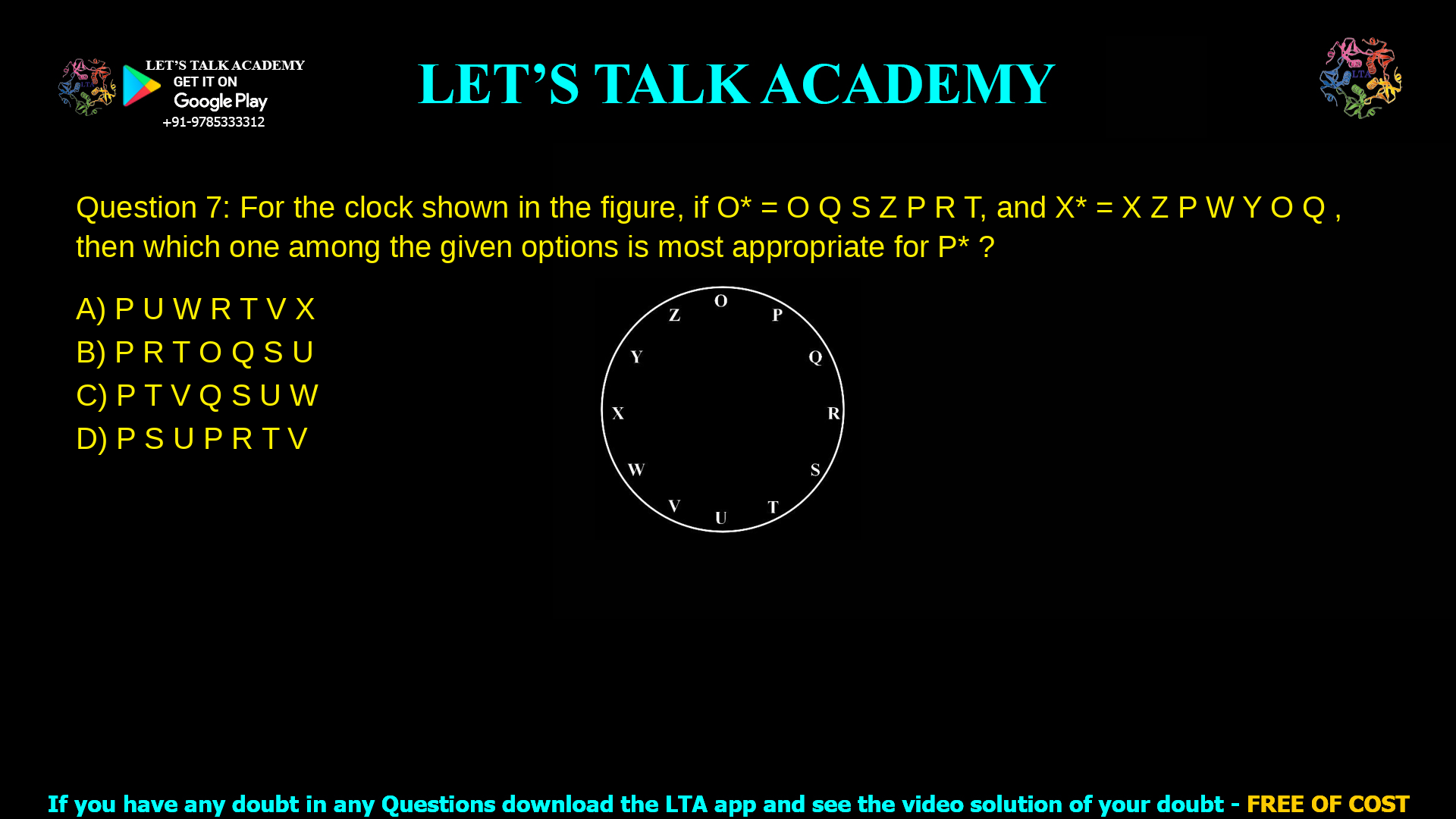 Q.7 For the clock shown in the figure, if O* = O Q S Z P R T, and X* = X Z P W Y O Q , then which one among the given options is most appropriate for P* ? (A) P U W R T V X (B) P R T O Q S U (C) P T V Q S U W (D) P S U P R T V