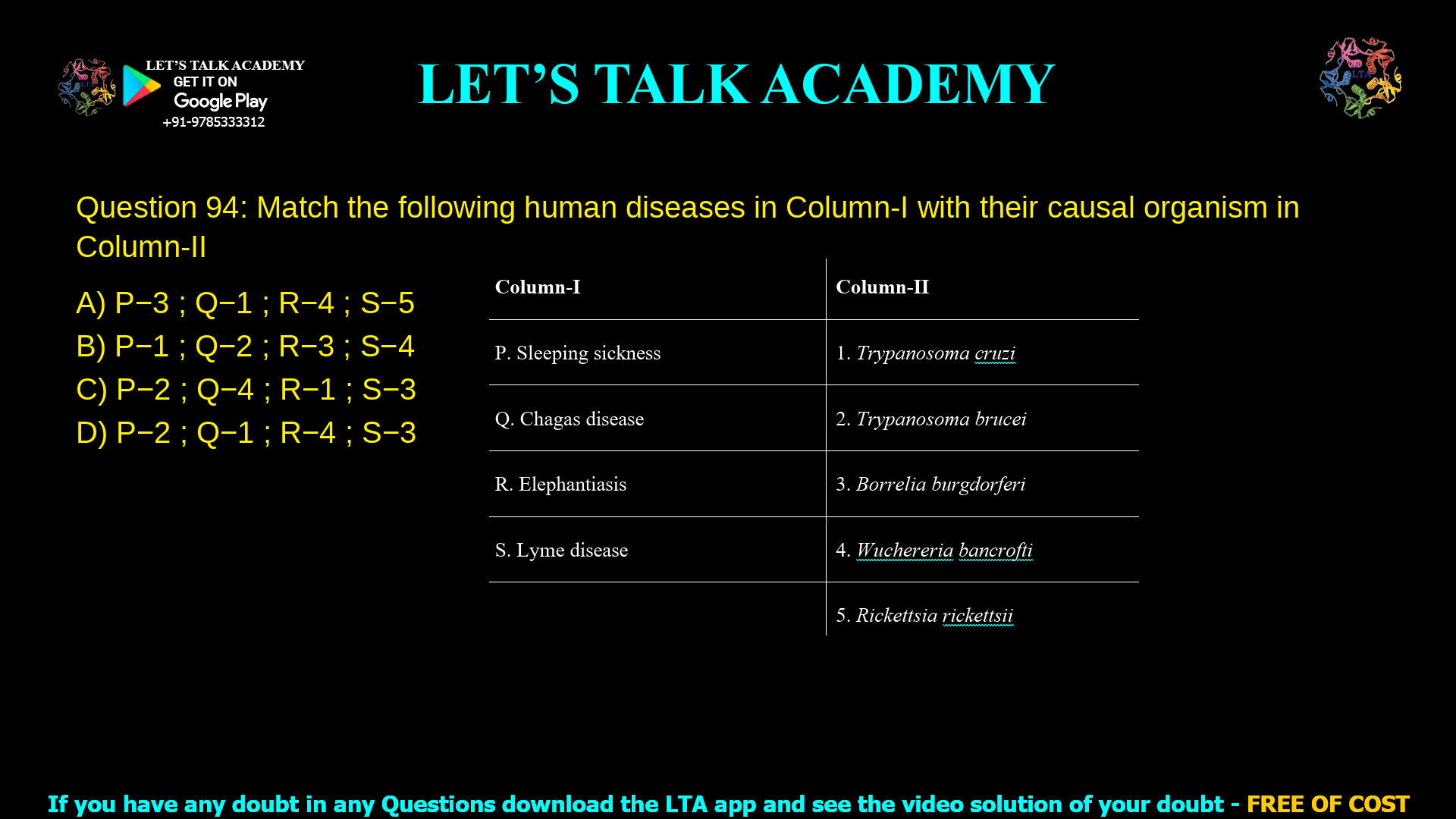 Q.94 Match the following human diseases in Column-I with their causal organism in Column-II Column-I Column-II P. Sleeping sickness 1. Trypanosoma cruzi Q. Chagas disease 2. Trypanosoma brucei R. Elephantiasis 3. Borrelia burgdorferi S. Lyme disease 4. Wuchereria bancrofti 5. Rickettsia rickettsii (A) P−3 ; Q−1 ; R−4 ; S−5 (B) P−1 ; Q−2 ; R−3 ; S−4 (C) P−2 ; Q−1 ; R−4 ; S−3 (D) P−2 ; Q−1 ; R−4 ; S−3  