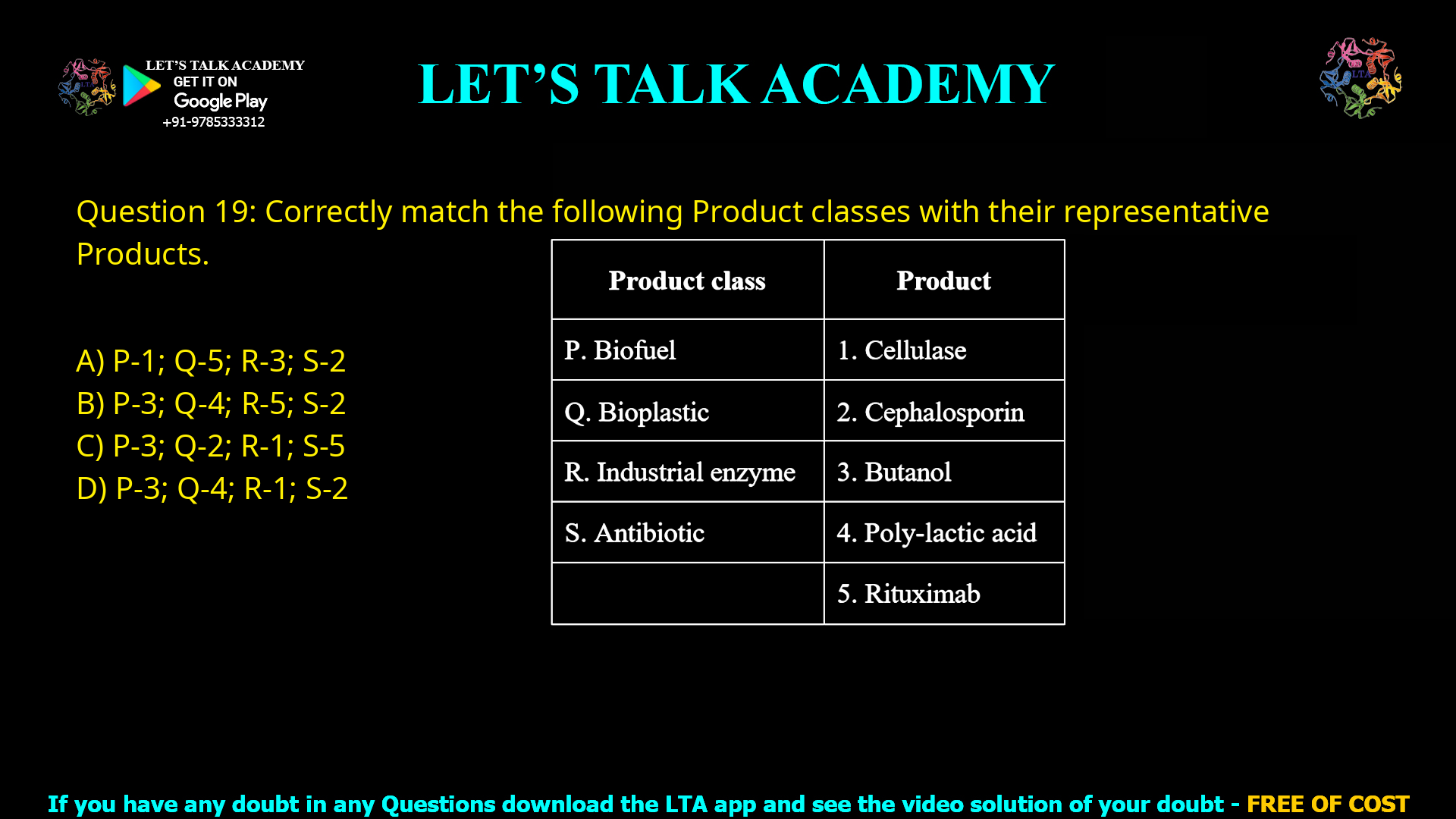 Q.19 Correctly match the following Product classes with their representative Products. Product class                           Product P. Biofuel                               1. Cellulase Q. Bioplastic                         2. Cephalosporin R. Industrial enzyme         3. Butanol S. Antibiotic                        4. Poly-lactic acid                                               5. Rituximab (A) P-1; Q-5; R-3; S-2 (B) P-3; Q-4; R-5; S-2 (C) P-3; Q-2; R-1; S-5 (D) P-3; Q-4; R-1; S-2