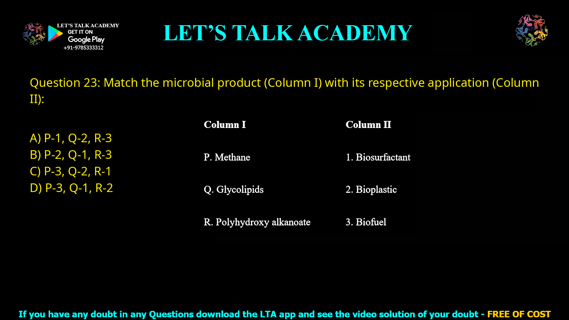 Q.23 Match the microbial product (Column I) with its respective application (Column II). Column I                                           Column II P. Methane                                     1. Biosurfactant Q. Glycolipids                                2. Bioplastic R. Polyhydroxy alkanoate           3. Biofuel (A) P-1, Q-2, R-3 (B) P-2, Q-1, R-3 (C) P-3, Q-2, R-1 (D) P-3, Q-1, R-2