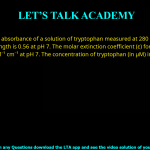 Q.33 The absorbance of a solution of tryptophan measured at 280 nm in a cuvette of 2.0 cm path length is 0.56 at pH 7. The molar extinction coefficient (ε) for tryptophan at 280 nm is 5600 M-1cm-1 at pH 7. The concentration of tryptophan (in µM) in the solution is ________
