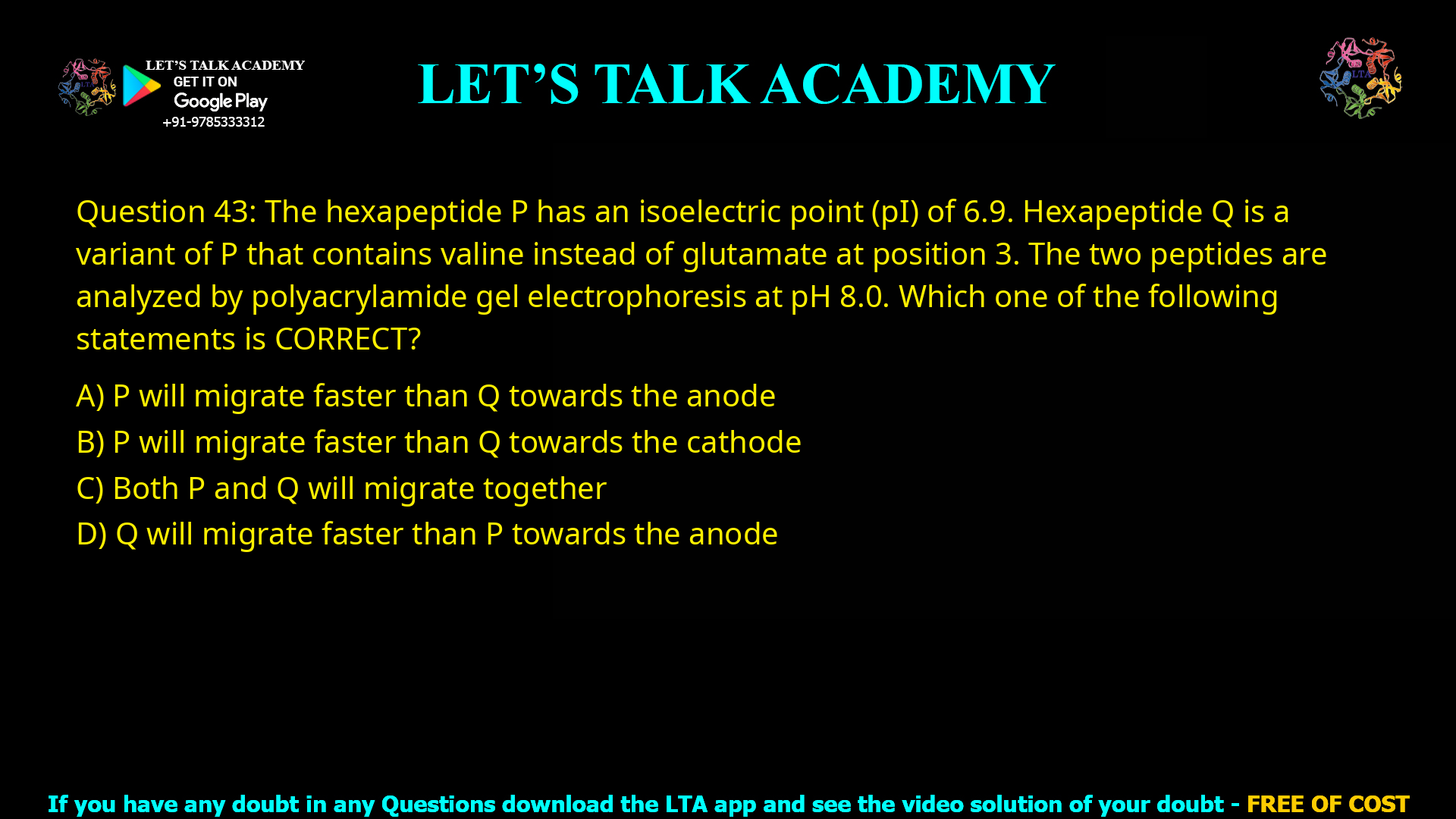 Q.43 The hexapeptide P has an isoelectric point (pI) of 6.9. Hexapeptide Q is a variant of P that contains valine instead of glutamate at position 3. The two peptides are analyzed by polyacrylamide gel electrophoresis at pH 8.0. Which one of the following statements is CORRECT? (A) P will migrate faster than Q towards the anode (B) P will migrate faster than Q towards the cathode (C) Both P and Q will migrate together (D) Q will migrate faster than P towards the anode